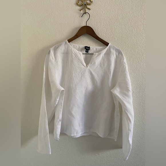 Eileen Fisher Tops - Eileen Fisher Linen Pullover Long Sleeve Top Blouse Split Neck Line Size M White